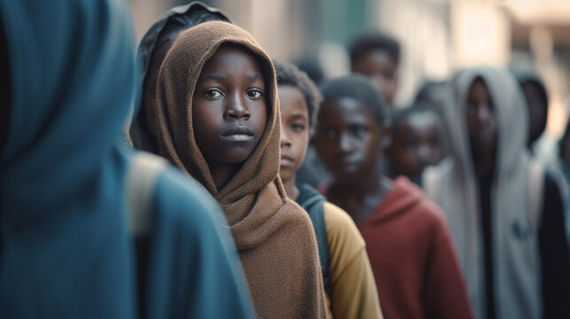 young dark skinned black american african child kid boy in queue, fictional place