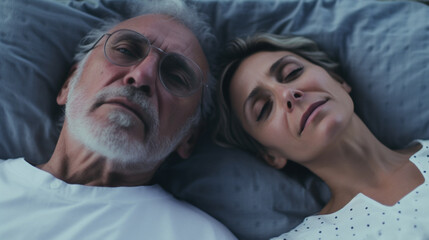 elderly caucasian man and woman, a couple, relationship, sleeping in bed together, waking up together in the morning at early morning in the new day, top view