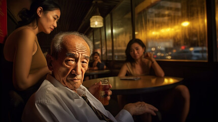 old asian man in a bar with alcoholic drinks, nightclub and night life or red light district or prostitution