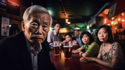 senior asian man in a bar with alcoholic drinks and friends in a bar