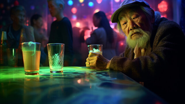 old asian man in a bar with alcoholic drinks, nightclub and nightlife