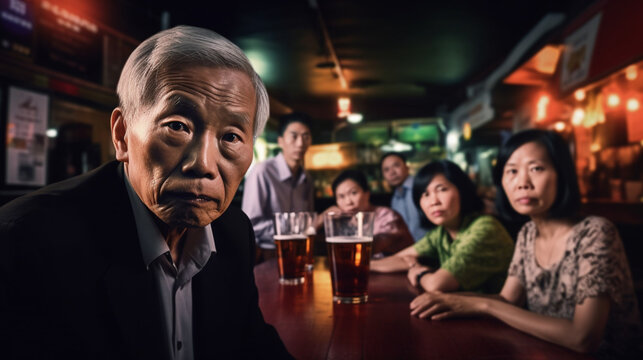 senior asian man in a bar with alcoholic drinks and friends in a bar