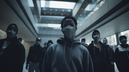 Fototapeta premium in the shopping center or train station a youth gang with face masks, anonymous larger group or circle of friends, young boys