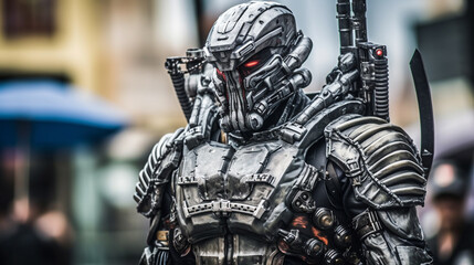 robot or cyborg, human in combat suit or combat machine, humanoid android with artificial intelligence and machine gun