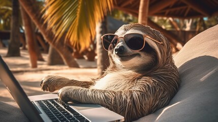 Obraz premium Sloth freelancer working at tropical beach. AI generative image.