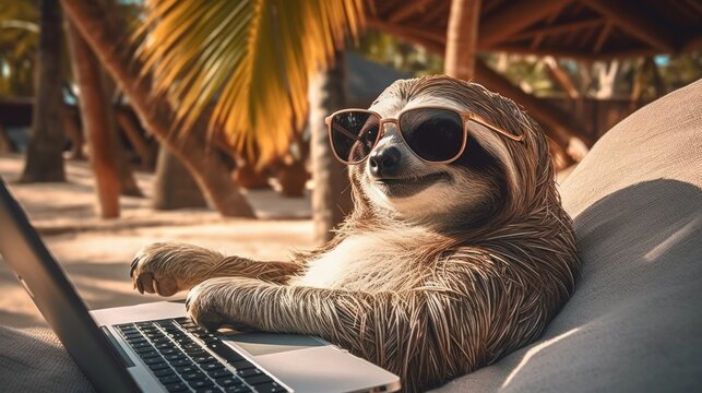Sloth freelancer working at tropical beach. AI generative image.