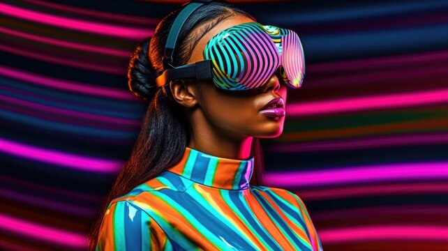 Fototapeta Young african female model wearing VR posing with trendy fashion outfit and colorful vibrant glowing lime green optical art abstract background. Picturesque generative AI