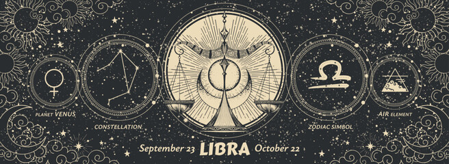Libra zodiac sign, modern astrology graphic banner on vintage black background with sun and moon. Realistic vintage vector hand drawing, horoscope card.