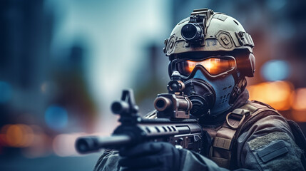 Fototapeta premium soldier in uniform deployed in war zone, on mission, machine gun and soldier's helmet, fictional location
