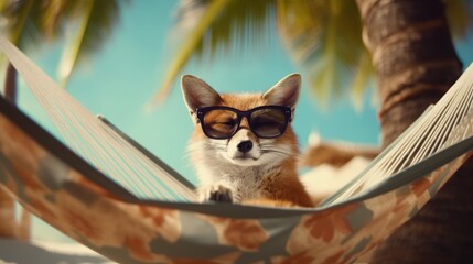 Fox relaxing in hammock on the tropical beach. AI generative image.