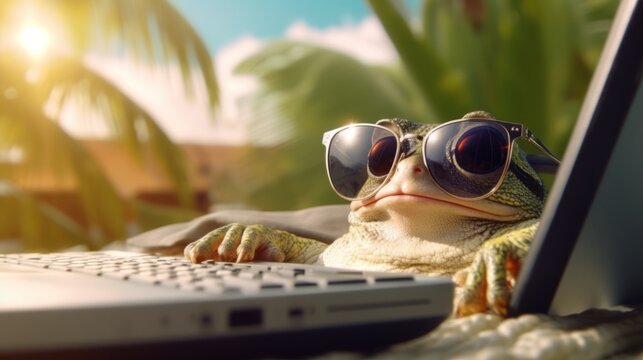 Frog freelancer working at tropical beach. AI generative image.