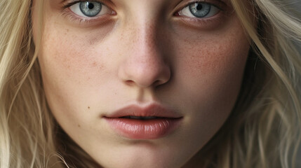 closeup special look of a young attractive adult woman, attractive beautiful pretty face, caucasian, special eye color and narrow female face