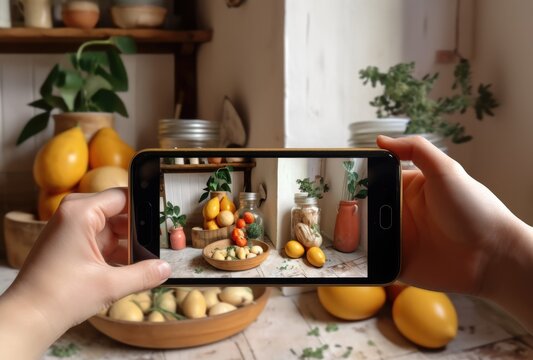 Taking photo of food ingredients in the kitchen with smart phone. AI generative image.