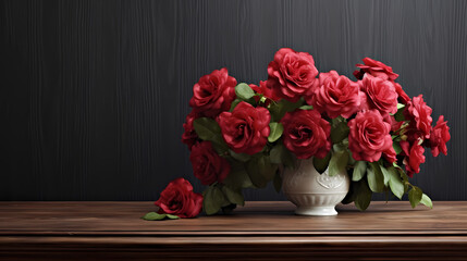 red roses in white vase on wooden table with dark wall background 