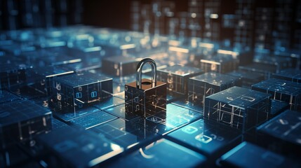 A padlock representing tecnology information security, data server center,  illustrative image programming codes, security concept, generative ai.