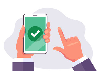 Smartphone mobile update phone checkmark tick accept confirm concept. Vector graphic design illustration