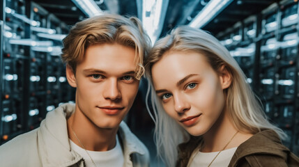 computer room with server, adult woman with blond hair and a man next to her, dark room, metallic futuristic