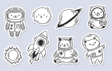 Cat space line art cute print galaxy sticker isolated set. Vector graphic design illustration