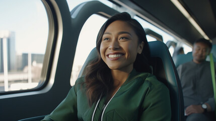 young adult multi ethnic female with green jacket and dark hair and tanned dark skin tone inside a modern train or public transport such as a hyperloop or hypertrain or bus or plane