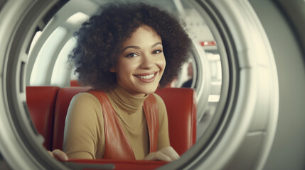 young adult woman, smiling, happy, in a modern futuristic vehicle or train or space ship, single seat, rounded oval, hyperspeed or hyperloop