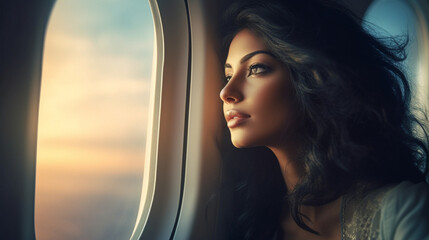 young adult woman or teenager sits in a airplane at the window, thoughtfully looking back engrossed in sad memories or a new good future