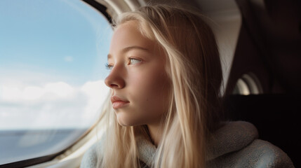 Fototapeta na wymiar young adult woman or teenager sits in a transport ship boat at the window, thoughtfully looking back engrossed in sad memories, on the sea ocean water