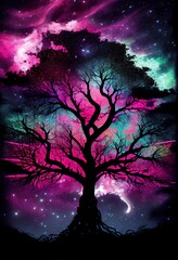 Obraz na płótnie Canvas tree in the night with colorful sky