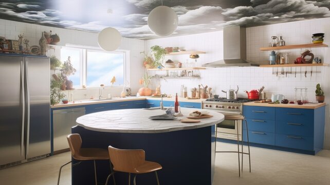 The Interior Design Of Colorful Modern Kitchen With Blue Tone Countertop And Beautiful Wall. Generative AI AIG27.