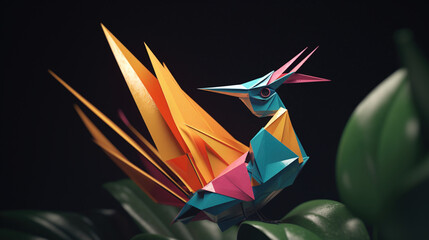Barwny, tęczowy rajski ptak z papieru - sztuka orgiami, ekskluzywny - Colorful rainbow paper bird of paradise - orgiami art, exclusive - AI Generated - obrazy, fototapety, plakaty
