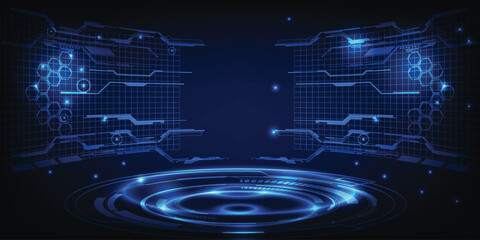 Obraz premium Vector illustrations of futuristic hi tech stage layout for showcase and background.Digital hologram stage and hi tech architect element around. 