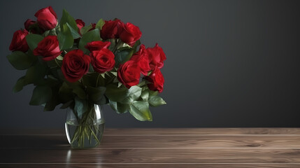 bouquet of red roses in vase with copyspace