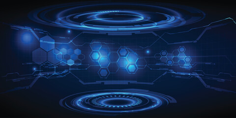 Vector illustrations of futuristic hi tech stage layout for showcase and background.Digital hologram stage and hi tech architect element around. 
