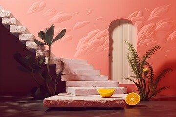 Studio product photography display mock-up with plant , lemons, mini stair and mini door created with Generative AI