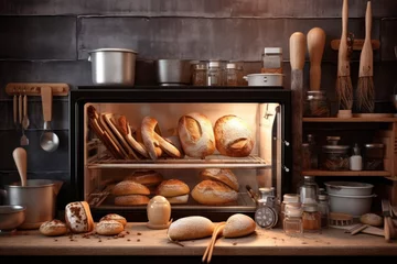 Papier Peint photo Pain bake bread in front modern oven stuff food photography