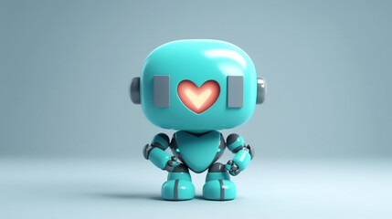 Robot cartoon with emotions holds a banner with a heart and leaves. Monochromatic minimalistic background. Illustration, generative ai