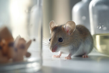 Small mouse sitting on kitchen counter. Generative AI