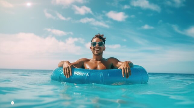 Man in sunglasses with inflatable ring floating in the sea on summer vacation. AI generative image.