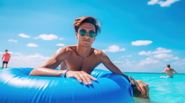 Man in sunglasses with inflatable ring floating in the sea on summer vacation. AI generative image.