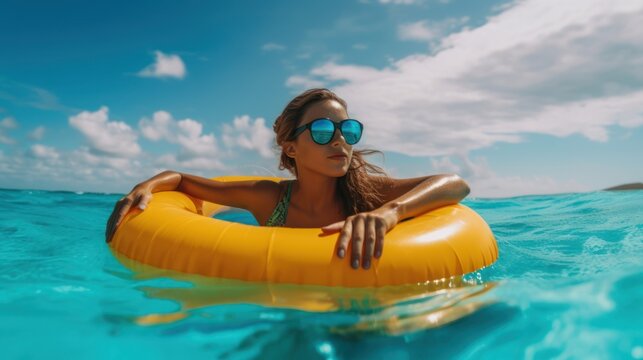 Young woman with inflatable ring floating in the sea on summer vacation. AI generative image.