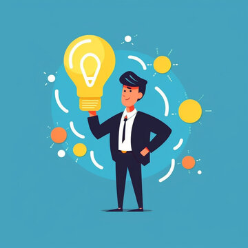 2D flat illustration image of a business man with bright ideas. Isolated on plain color background.