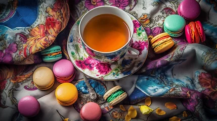 Foto op Canvas A teacup filled with colorful macarons. Generative ai © Larissa