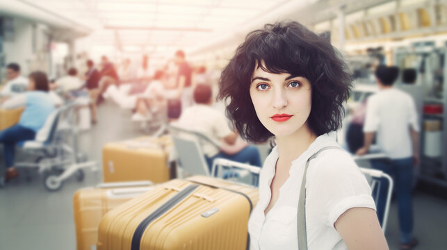 young adult woman with suitcases and trolleys, airport check in or arrival or departure or luggage check in, relaxed, prepared travel