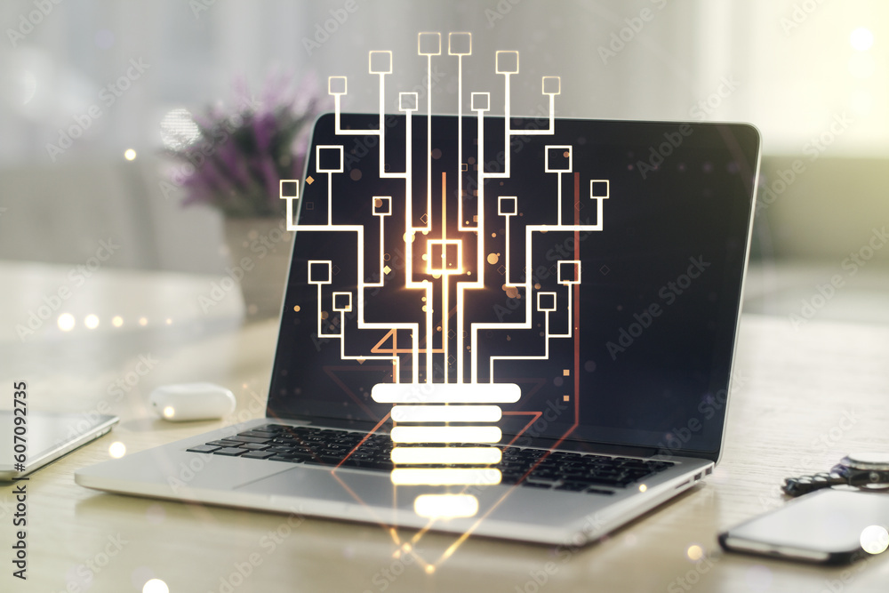 Poster creative light bulb illustration with microcircuit on modern computer background, future technology 