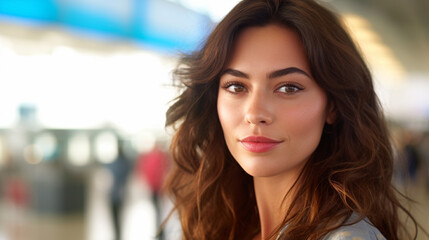 mature adult woman indoor, fictional place like a shopping center or airport, large hall indoor