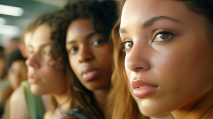 Obraz premium young adult woman and people, fictional location, slightly worried or waiting, problems or questions