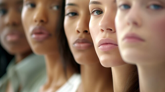 young adult women or teenage girls standing side by side in row, multiracial, friends or school class, female students, dark skin tone and caucasian
