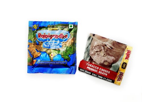 does rajnigandha pan masala have tobacco Guwahati, Assam, India - March 22, 2023 : Flavored Pan Masala brand  Rajnigandha and chewing tobacco brand Tulsi. Stock Photo