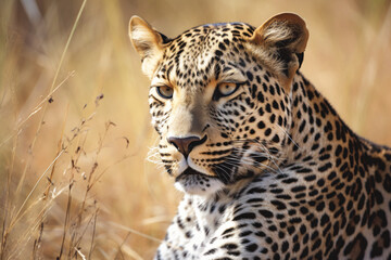 A close up of a leopard face in a field of grass Generative Ai