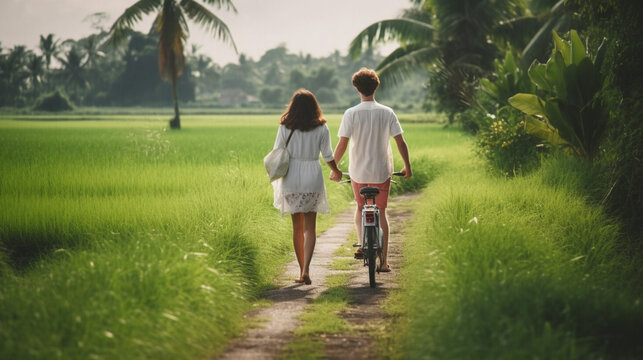 couple in paddy field or farmland rural area, tropical, vacation and leisure in nature, palm trees and nature