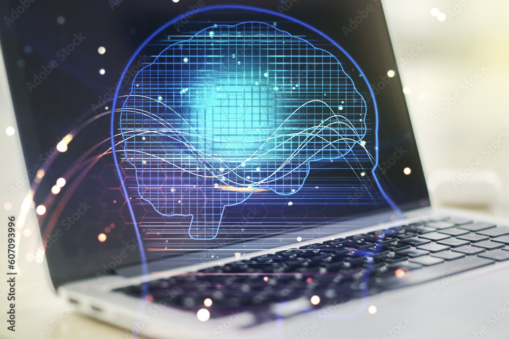 Poster double exposure of creative human head microcircuit with computer on background. future technology a